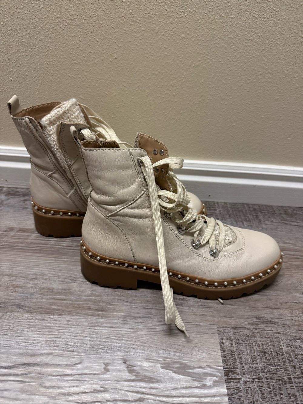 Steve Madden Cream Lace-Up Studded Combat Boots